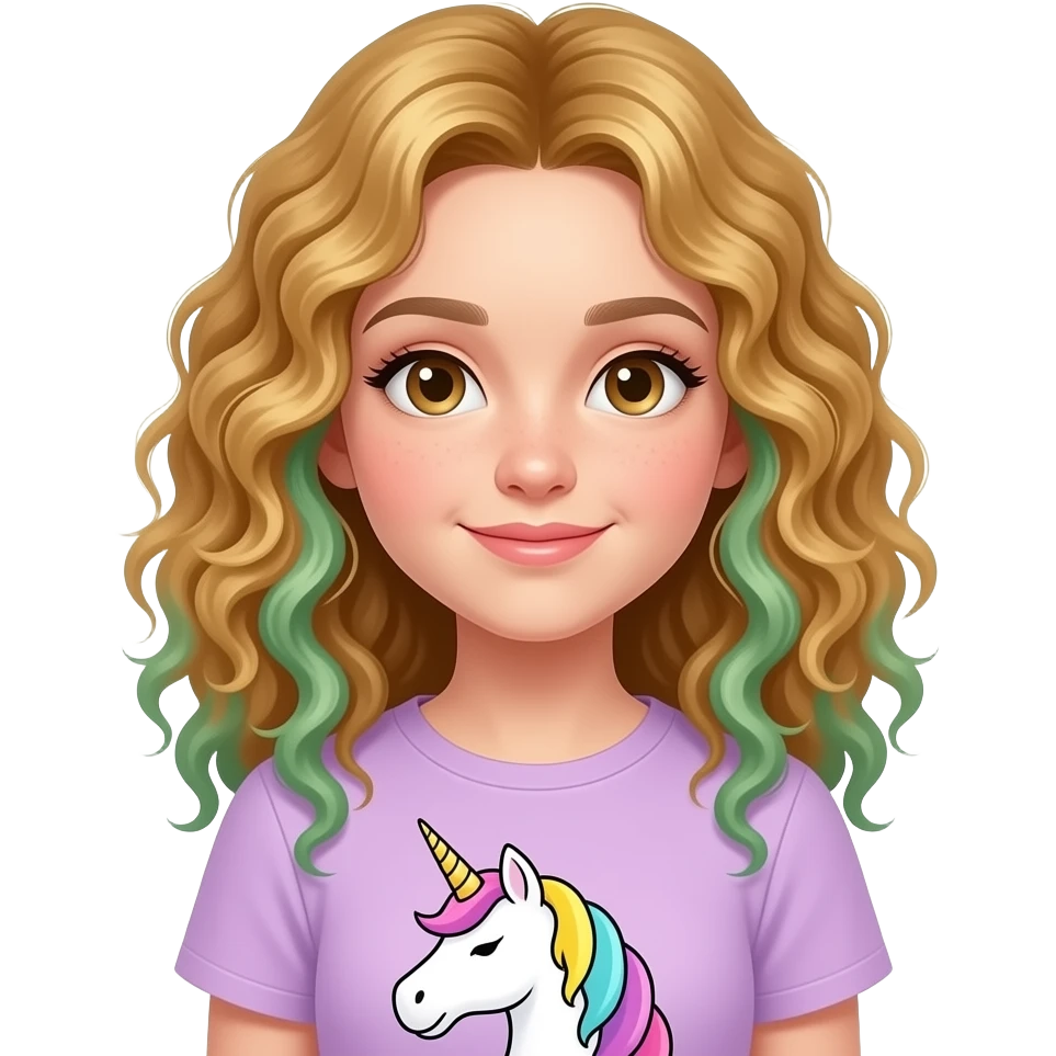 a 13 year old girl with golden redish green highlights curly hair unicorn shirt emoji