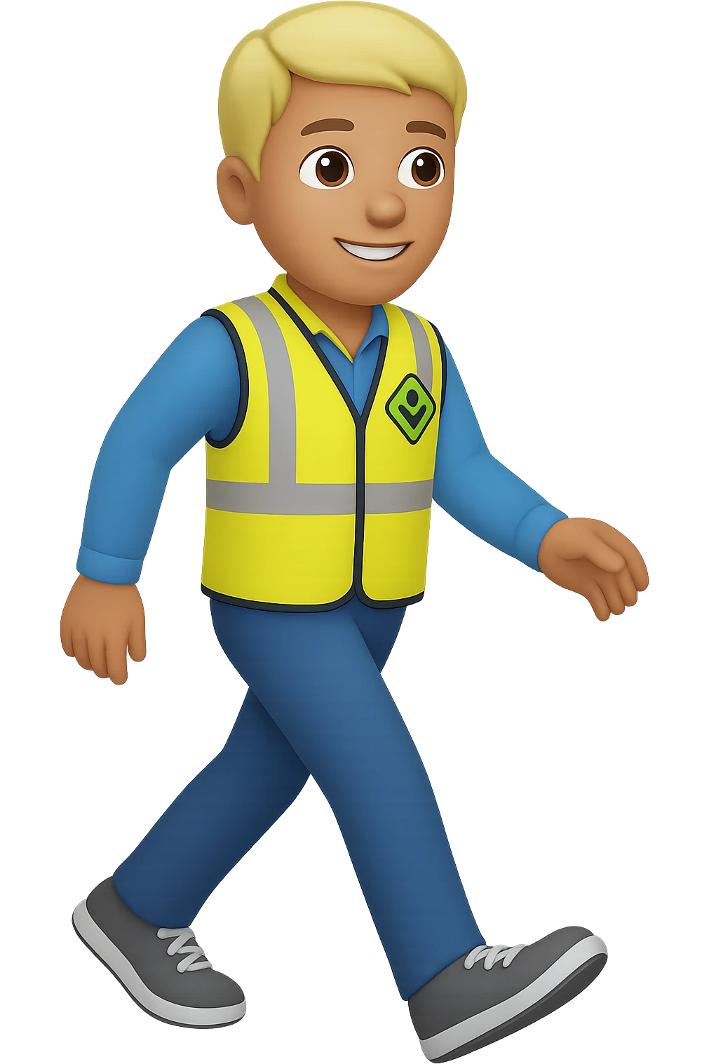 Edit the image to depict a full-body person walking, wearing a high-visibility vest, no hard hat, wearing trainers, in the style of apple emojis, with no background (transparent). emoji