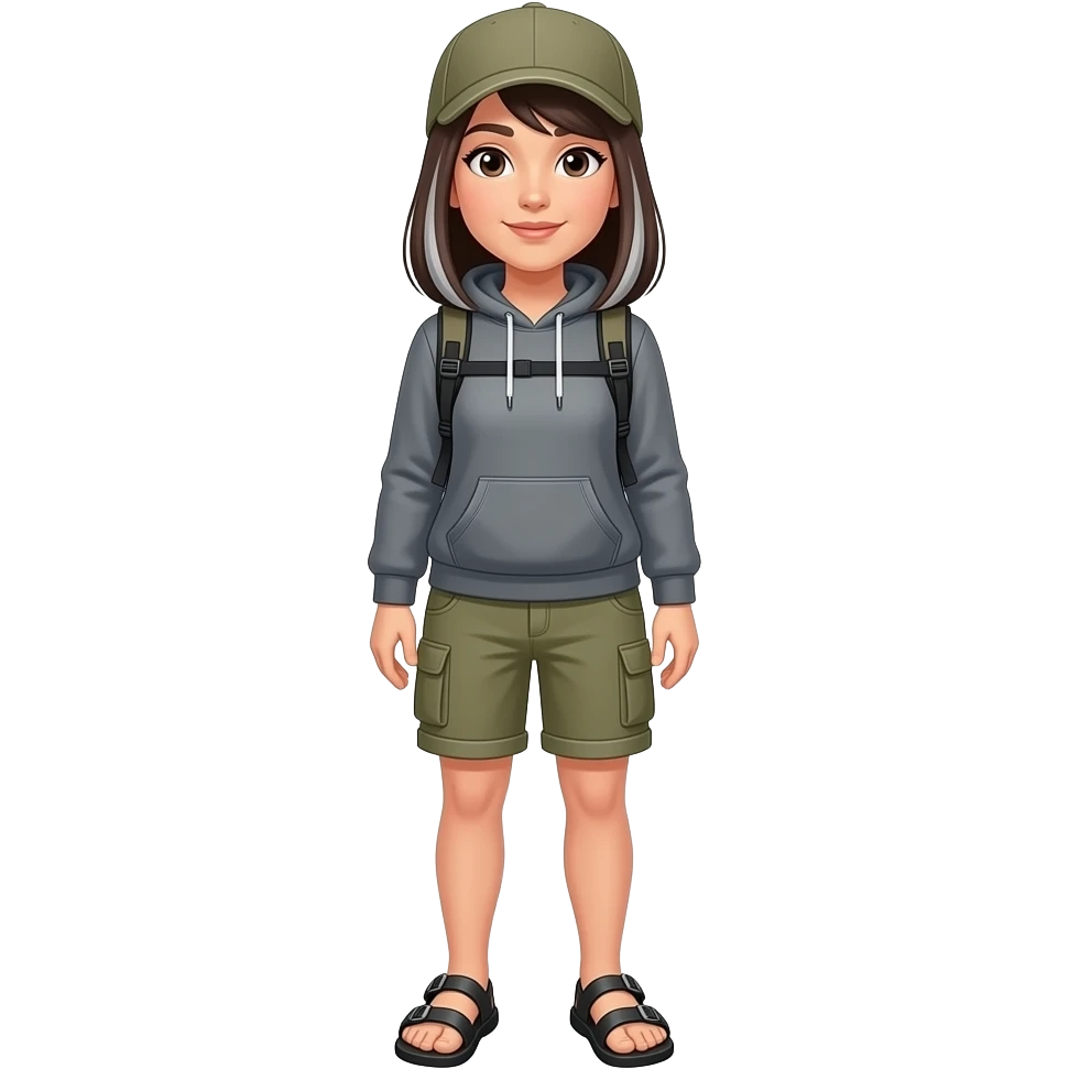 Woman in Birkenstocks, no socks, cargo capri shorts, hoodie, dark brown hair with silver streaks, flat trail emoji