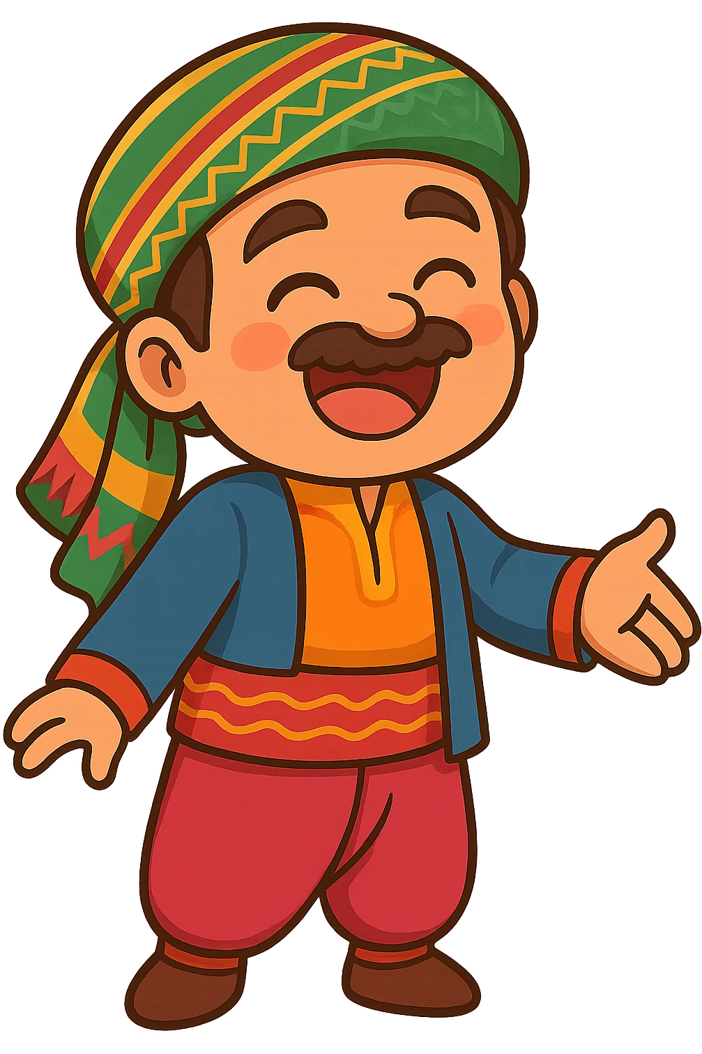 Create a cartoon Kurdish sticker in the same style and mood as the reference image: a happy and smiling face, traditional Kurdish clothing, colorful and cheerful, no text, suitable for WhatsApp and Instagram, with a transparent background. The character should be in a friendly greeting pose such as hugging or shaking hands. emoji