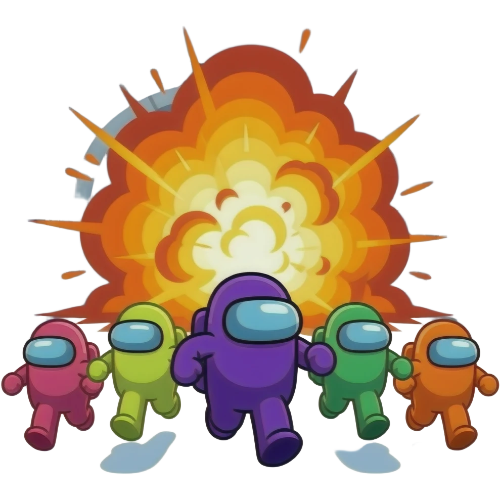 Among us com 100 jogadores correndo de uma explosão emoji