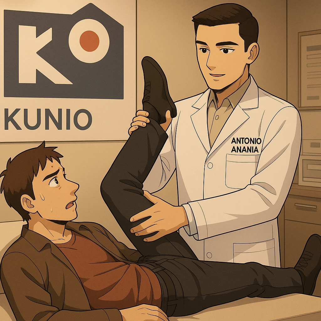 fai un webtoon manga a colori con questo stile, in cui un uomo è steso sul lettino medico e il kinesiologo con il camice bianco (fagli anche la scritta "ANTONIO ANANIA" SUL CAMICE, gli solleva una gamba per fargli il test neuromuscolare, IL KINESIOLOGO SPIEGA ALL'UOMO UNA cosa mentre gli alza la gamba. non fare i fumetti però, fai solo in modo che sembri stiano parlando emoji