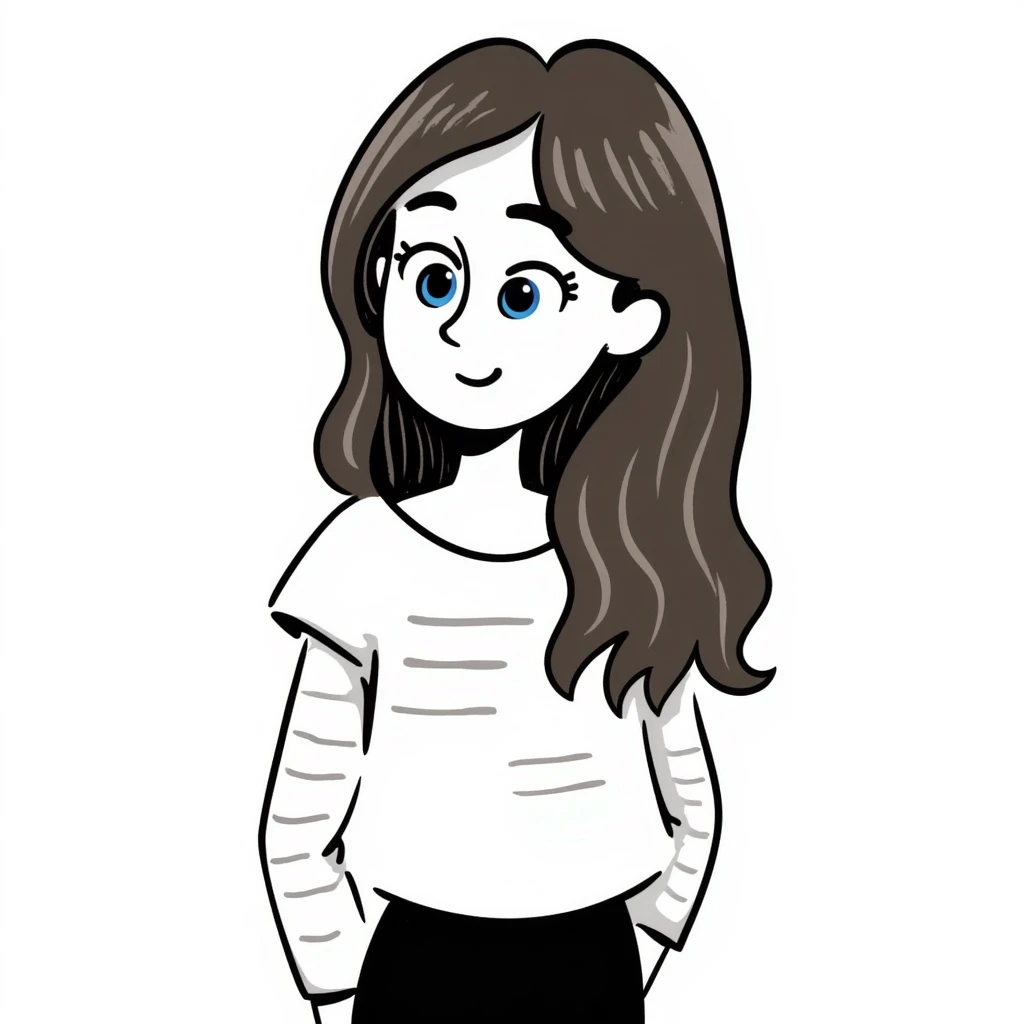 Icon of a beautiful girl with long brown hair, blue eyes, and a nice hairstyle, wearing a nice top that shows her collarbones emoji