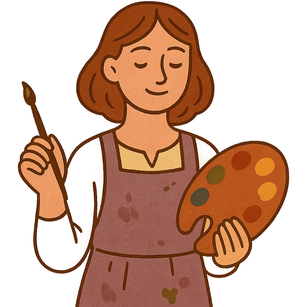 Serene female oil painter, Caucasian features, shoulder-length auburn hair, soft brown eyes, gentle smile, wearing a violet painter’s apron lightly stained with paint over a beige blouse, holding a wooden palette with vibrant colors in one hand and a brush in the other, waist-up, front-facing emoji