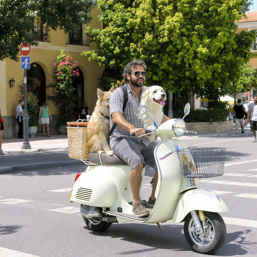 man and his pet dog riding a vespa emoji