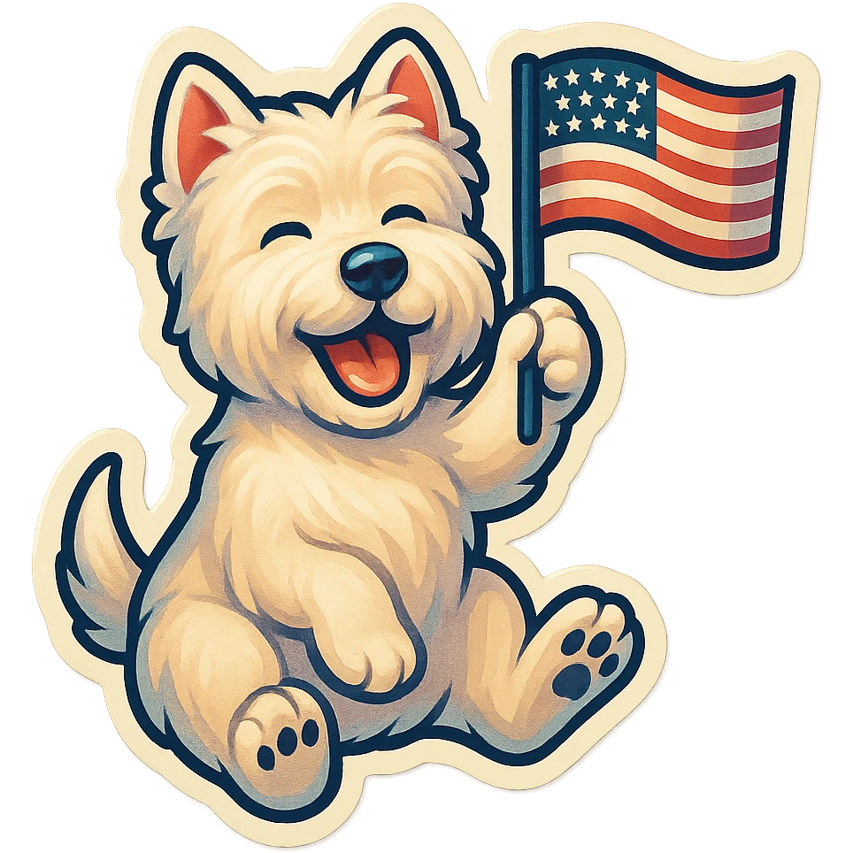happy Westie dog waving a small US flag, retro sticker style emoji