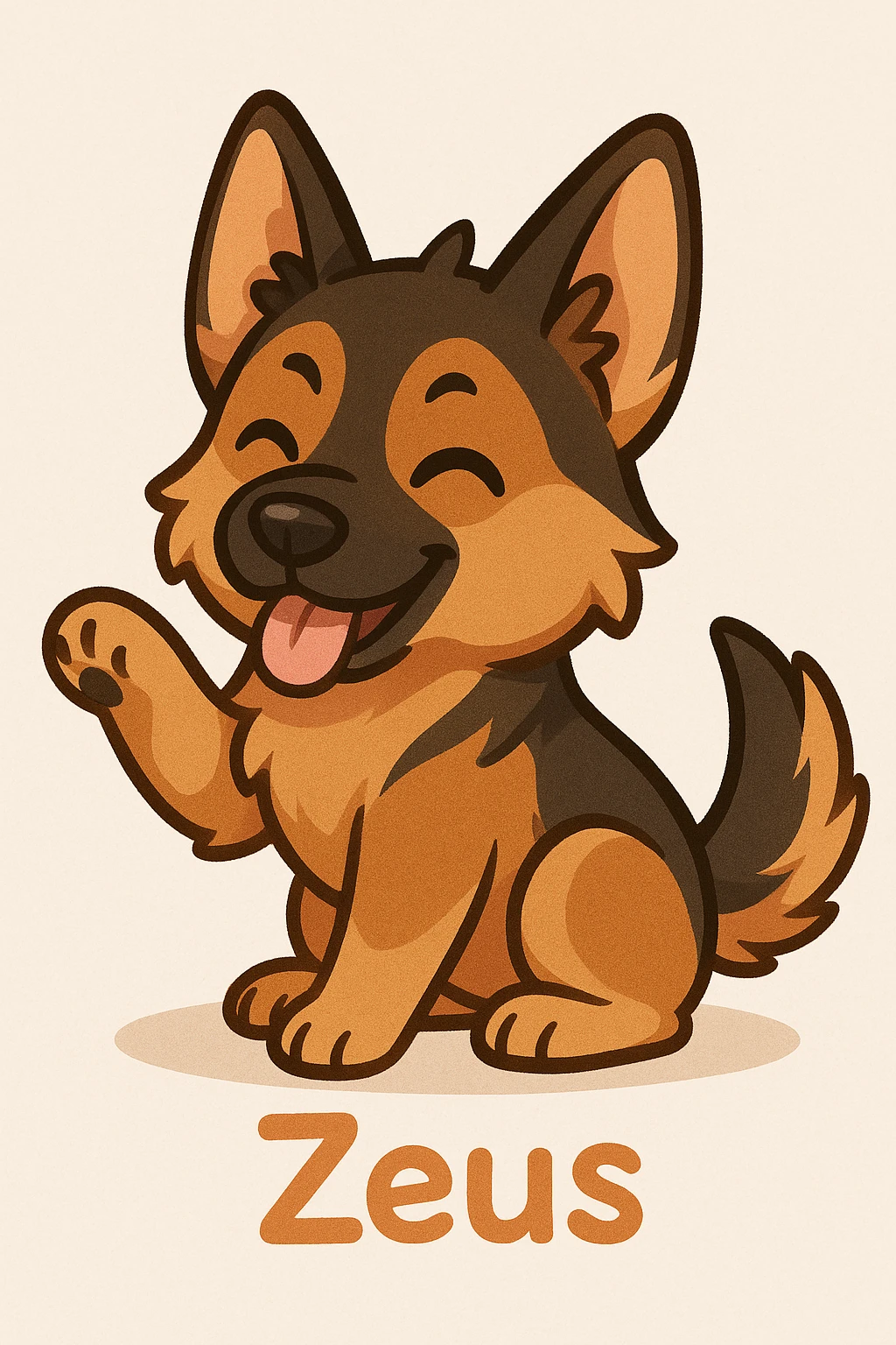 Create a chibi sticker of a playful German Shepherd dog inspired by the left dog in the reference photo. Include the name 'Zeus' in a cute font. Use a simple background suitable for chibi stickers style. emoji