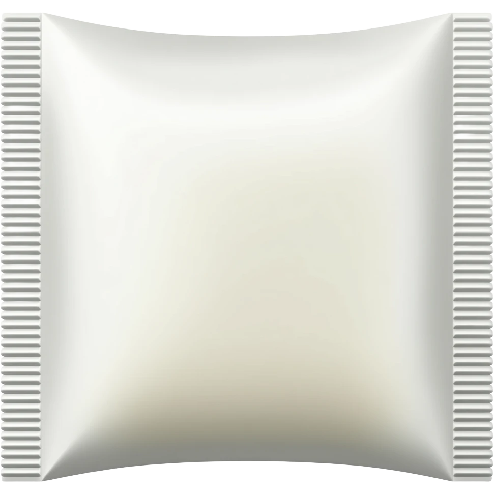 A small rectangular nicotine pouch made of thin white paper, slightly filled so it looks soft and pillow-shaped. The pouch is sealed on both ends with crimped paper edges. It has a light beige stain inside from tobacco. emoji