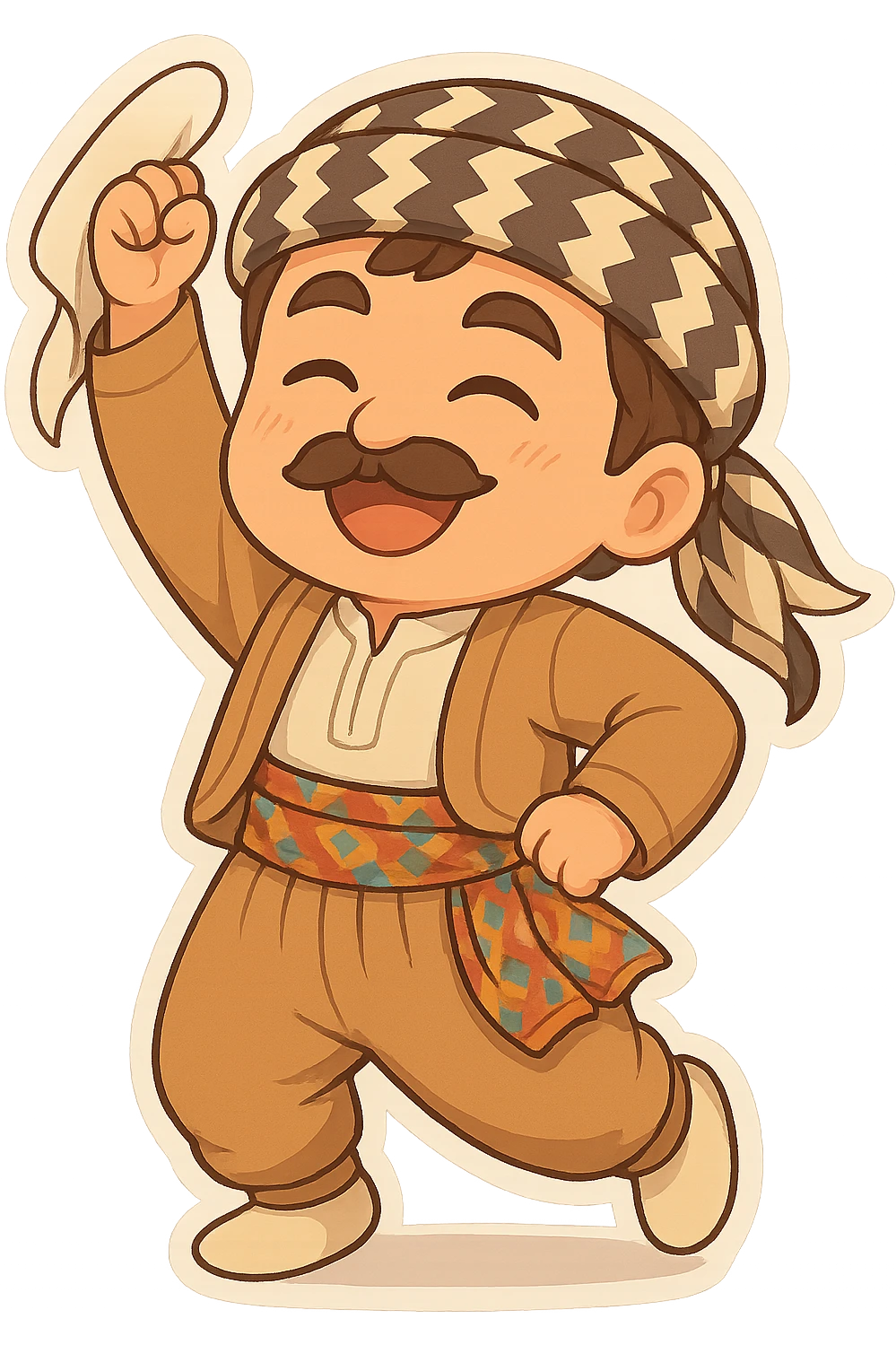 Create a chibi Kurdish cartoon sticker based on the reference image, showing a proud (confident) expression, with a transparent background. emoji