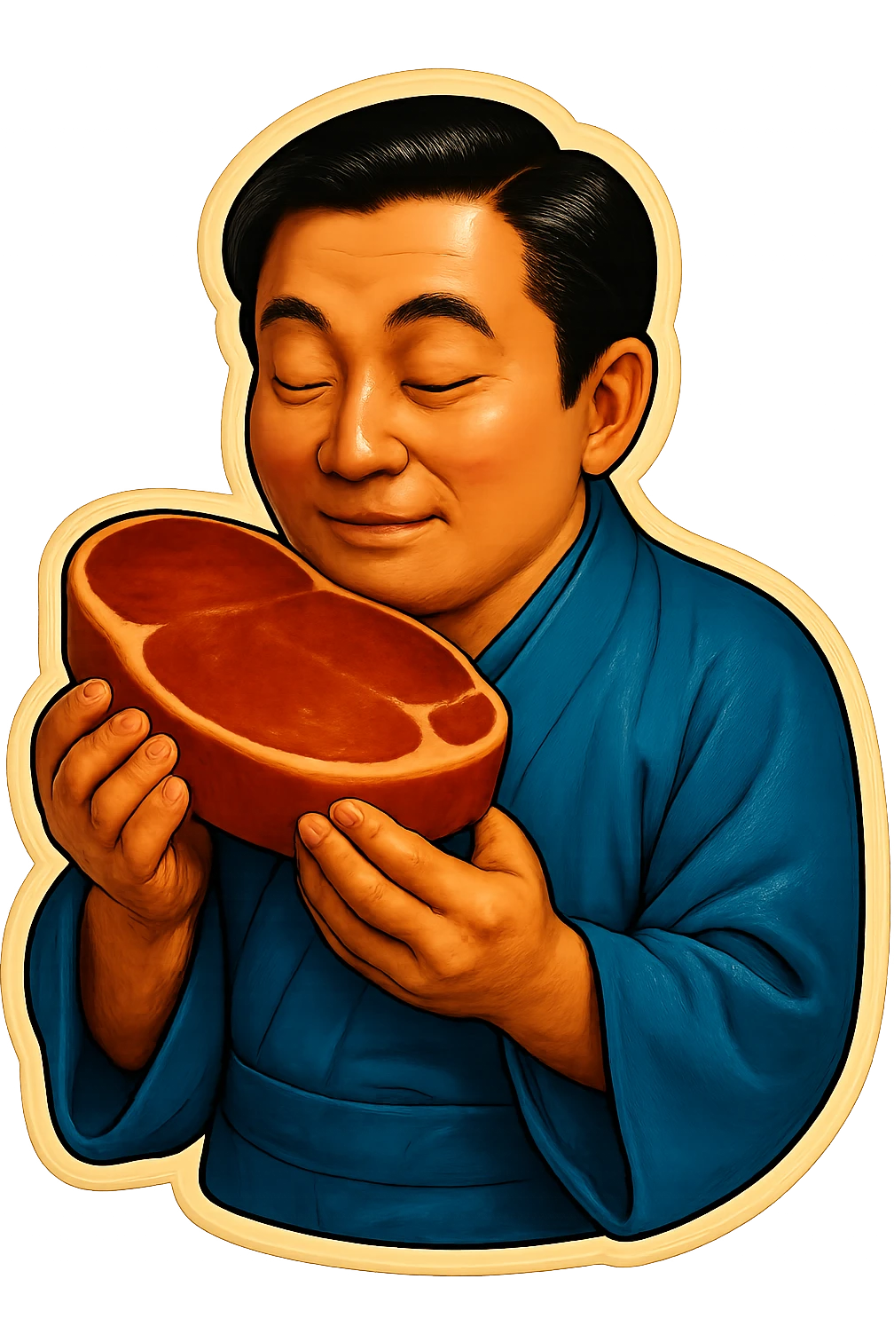 A Japanese man in traditional kimono with a loving look holds a steak in his hands, preparing to eat it emoji