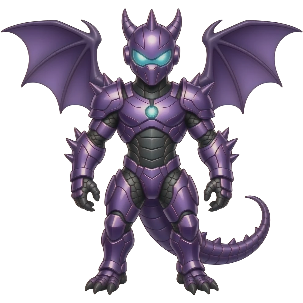 a shiny purple Genesect-Flygon-Raptor-Fakémon—hybrid with a futuristic visor-helmet full body emoji