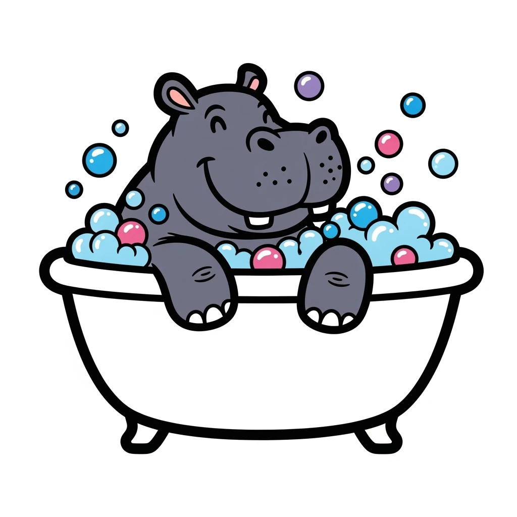 color vector art with outline of happy hippo with bubbles in bathtub emoji