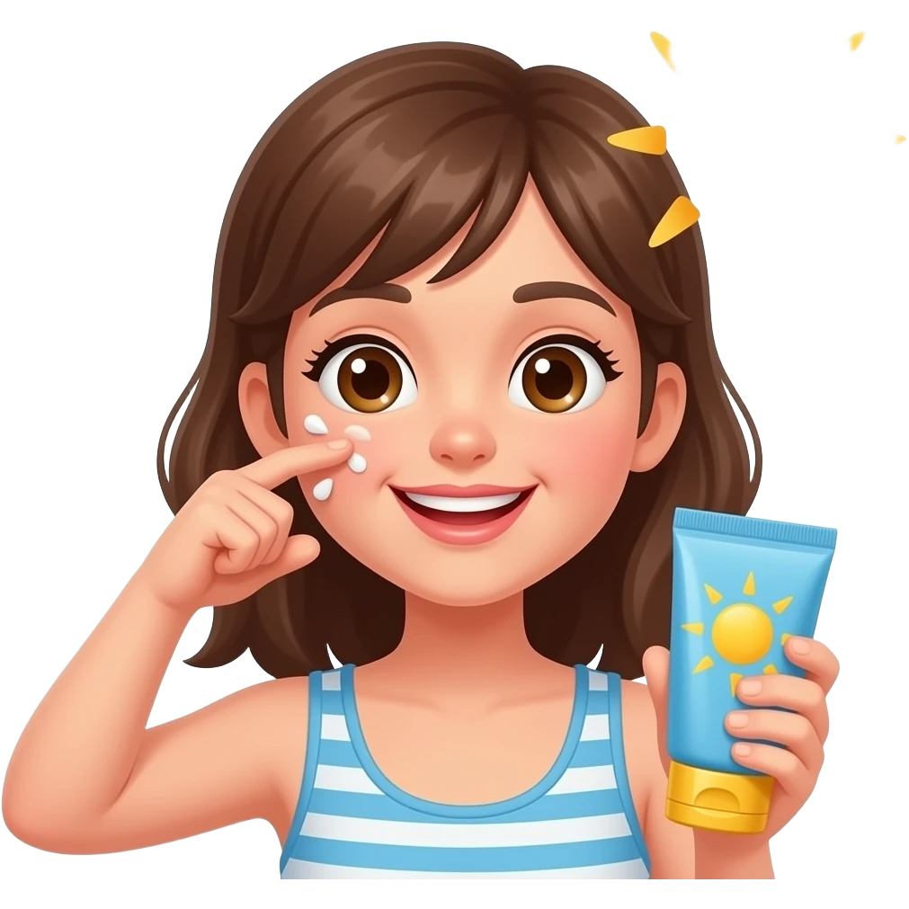 girl is putting sunscreen on her face under the sun and holding a sunscreen emoji