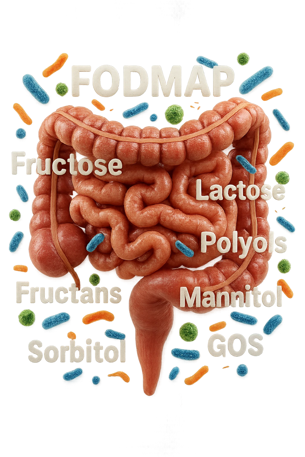 intestino umano anatomico con parole FODMAP CHE GLI FLUTTUANO INTORNO INSIEME A BATTERI INTESTINALI, iperrealistica 4k emoji