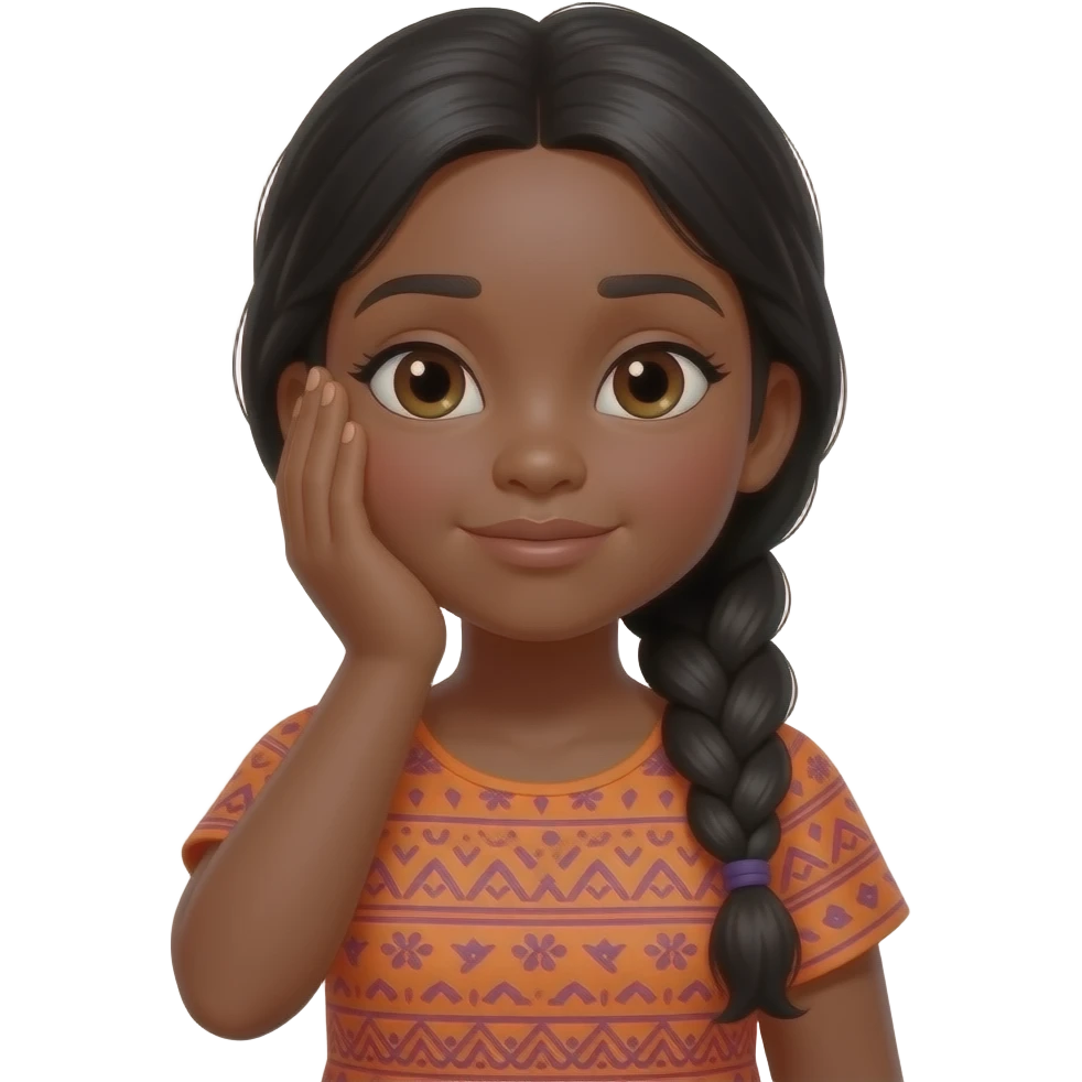 brown skin, long black hair in a braid, orange dress with purple patterns girl who is face palming with her hand covering half of her face. face palm as in slapping her forehead emoji