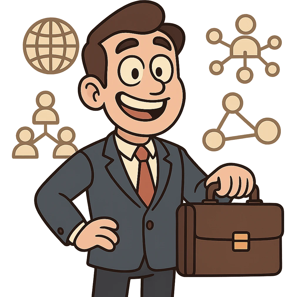 network marketing professional, cartoon style, smiling character holding a briefcase, surrounded by network icons, playful and friendly emoji
