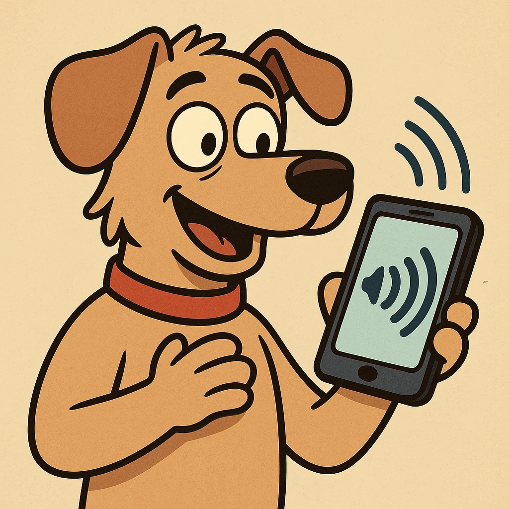 cartoon dog holding a smartphone with sound waves, symbolizing a dog translator app emoji
