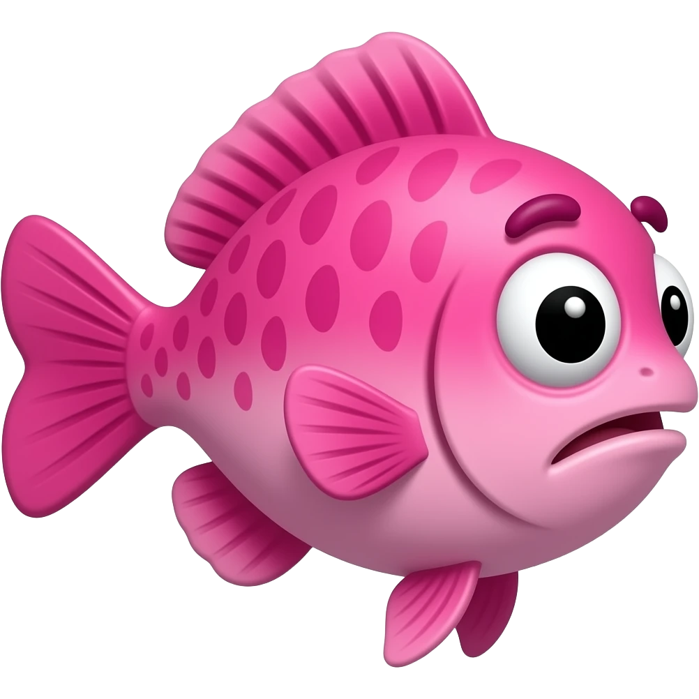 extremely derpy bright pink fish in perfect side profile facing right, but with both googly eyes comically visible and looking at viewer, stupid expression, flat 2D side view, very silly and goofy emoji