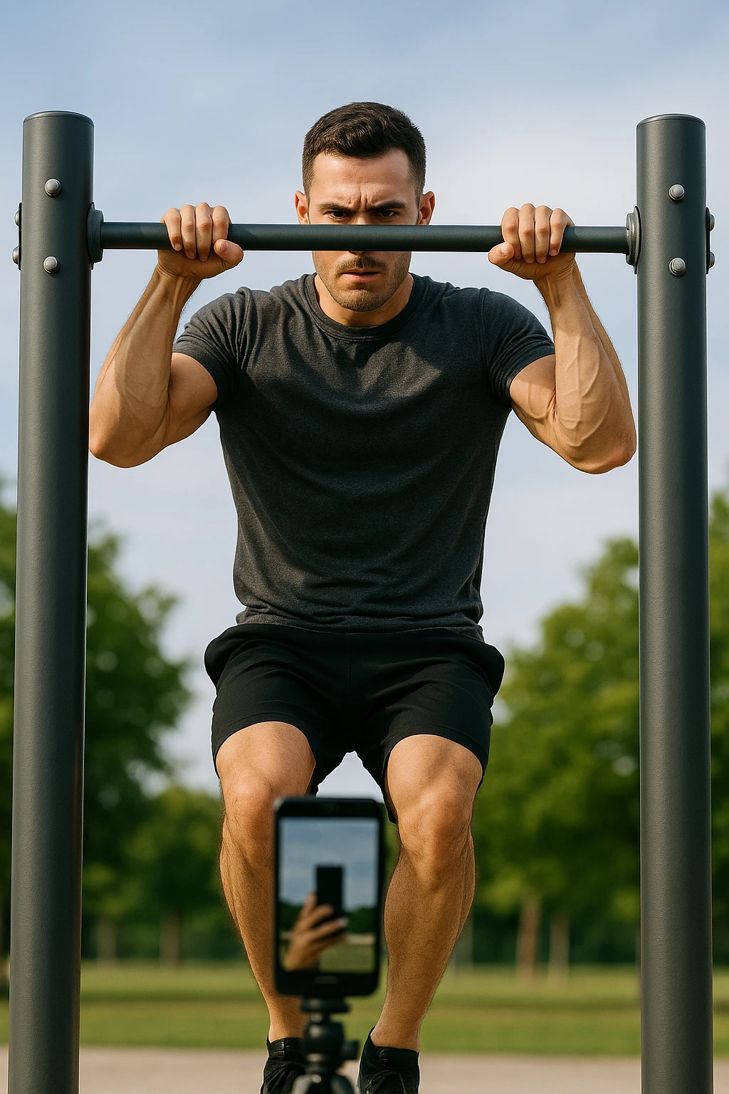 uomo che fa Muscle up e si sta filmando davanti con il telefonino per vedere la sua posizione dei gomiti e delle mani sulla sbarra emoji
