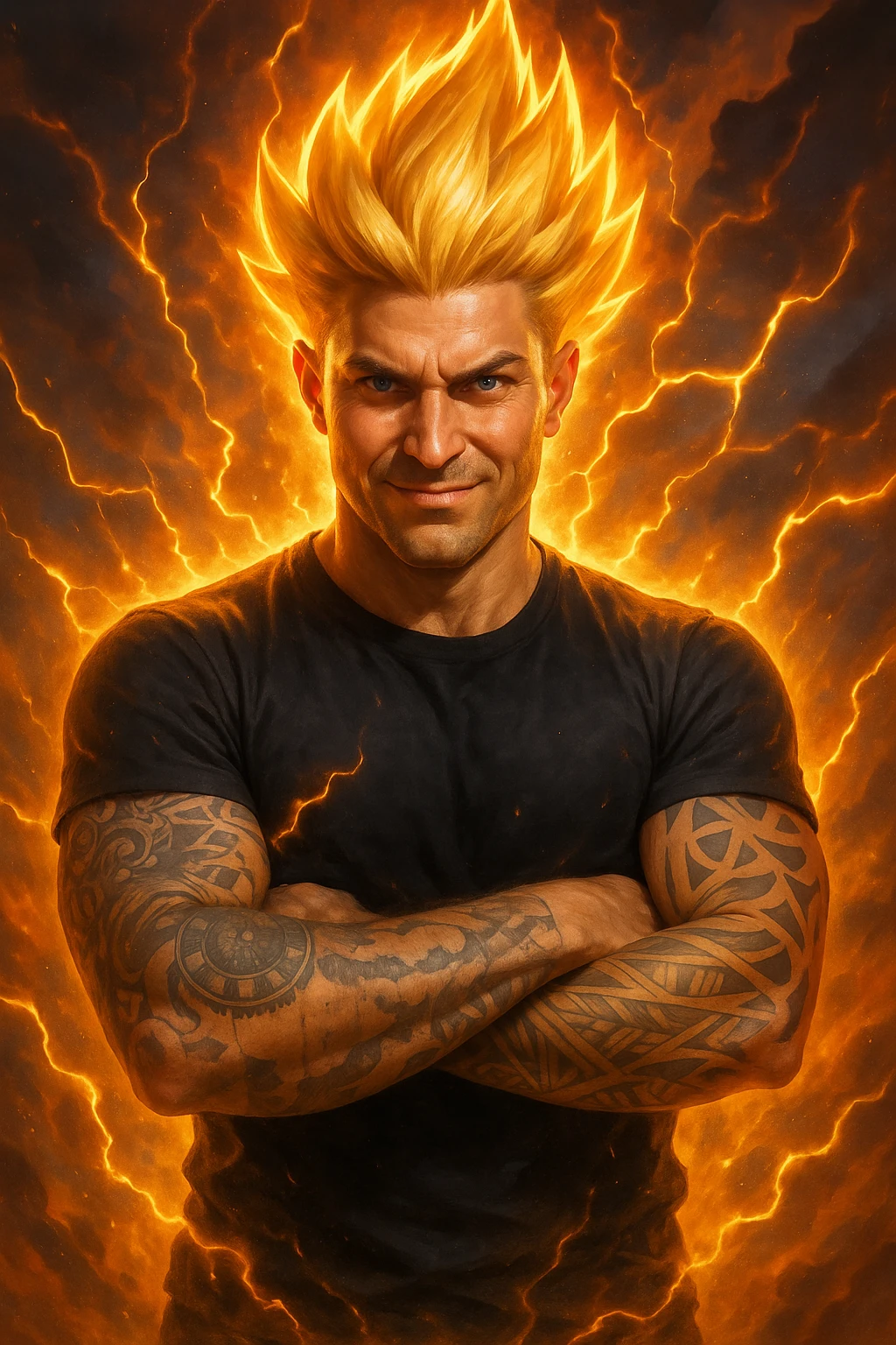 a muscular man with spiky hair stands in a powerful pose, surrounded by a glowing, fiery aura reminiscent of Goku’s Super Saiyan transformation. His eyes are intense and determined, and his body radiates energy and confidence. Lightning bolts and energy waves crackle around him, symbolizing a surge of testosterone and vitality. The background is dramatic, with swirling clouds and vibrant colors. emoji