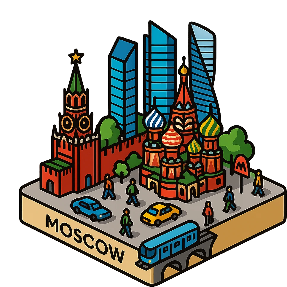 Изометричная миниатюрная фотореалистичная 3D модель Москвы на подставке - Кремль, собор Василия Блаженного, фотореалистичные Башни Москва-Сити, аккуратная детализация, четкие линии, яркие цвета, мультяшный реализм, гуляют люди и современный автотранспорт и метро, компактная композиция, вид сверху в изометрии, прозрачный фон emoji