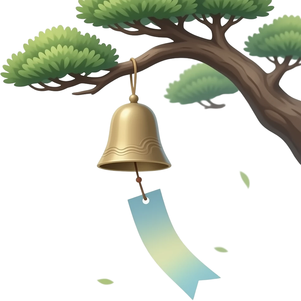 "A Japanese furin wind chime hanging from a bonsai tree branch. A single rectangular paper strip is attached below, moving softly with the wind. The paper changes color randomly each time. Minimalist scene, soft natural lighting, calm atmosphere, Japanese aesthetic." emoji