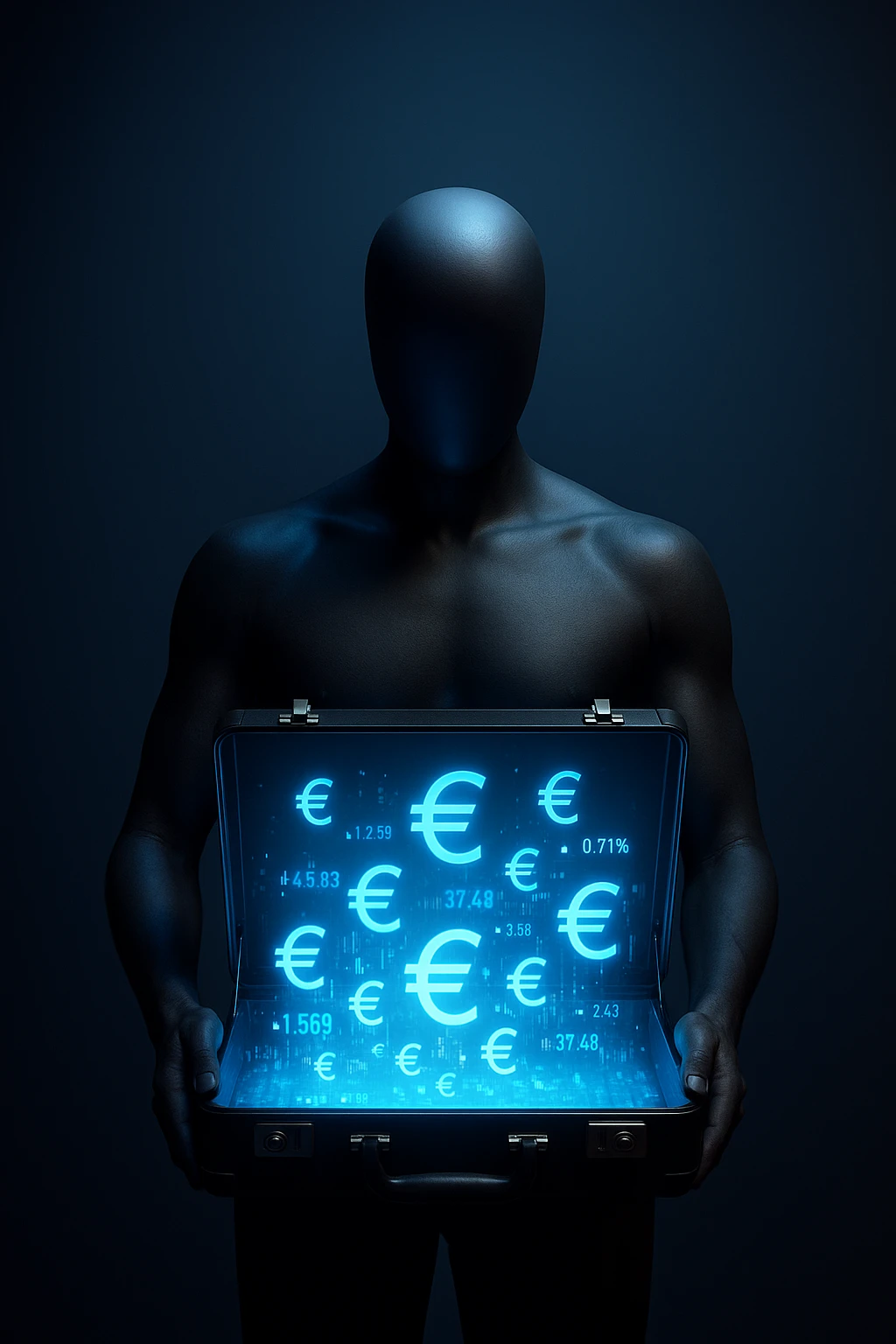 Faceless mannequin holding an open glowing briefcase filled with holographic euro signs and digital stock tickers. Large empty gradient background above for text. Strong cinematic lighting. emoji