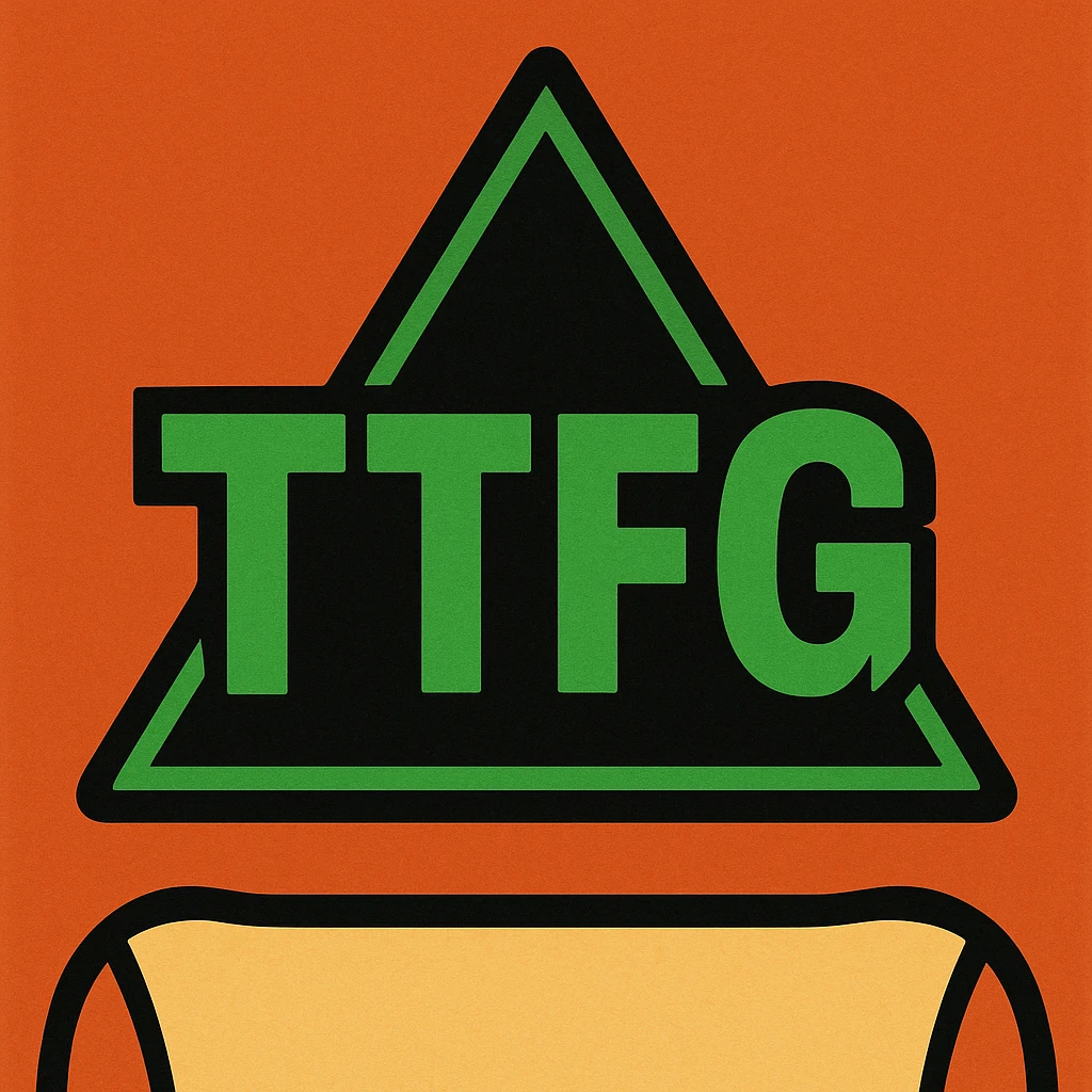 the letters 'TTFG' in bright green, centered inside a solid black triangle with a thick green outline, modern and easy to read font, bold and clear style emoji