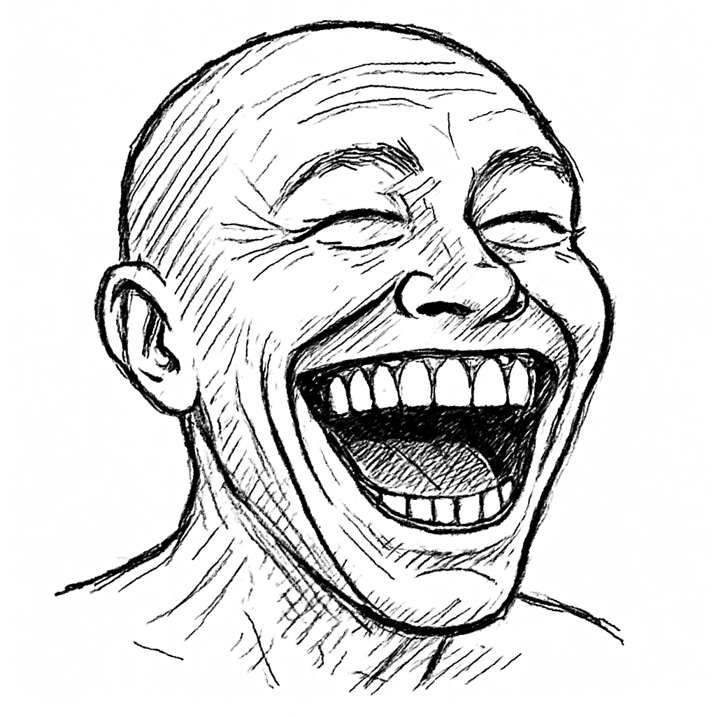 嘴巴大笑：
"角色笑得非常夸张，嘴巴裂得大大的，露出大牙齿，眼睛微微眯起，脸颊因为笑而鼓起，脸上洋溢着极度欢乐的表情” emoji