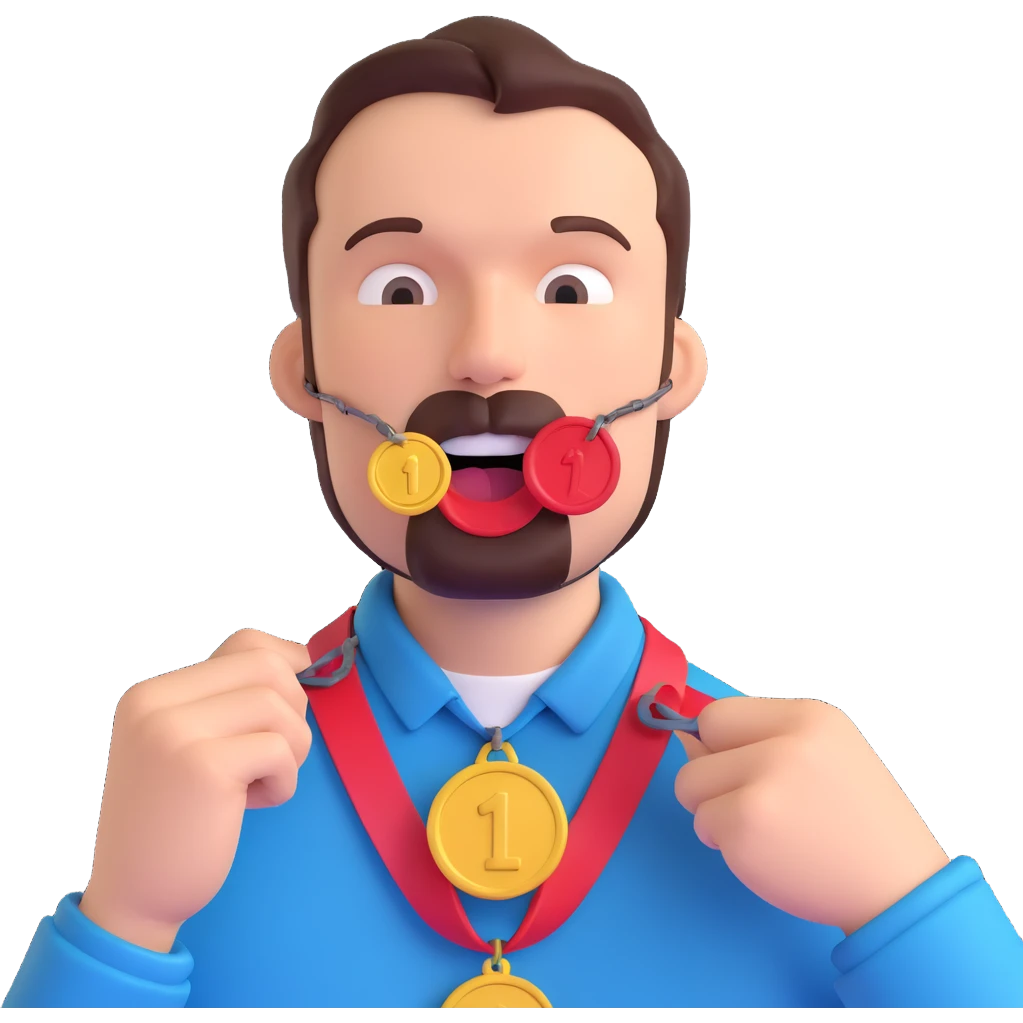 a man with an iron medal in his mouth, playful emoji