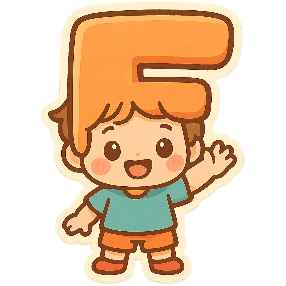 a child character whose head is literally the letter F, fun and whimsical style, colorful, expressive, cute, friendly emoji