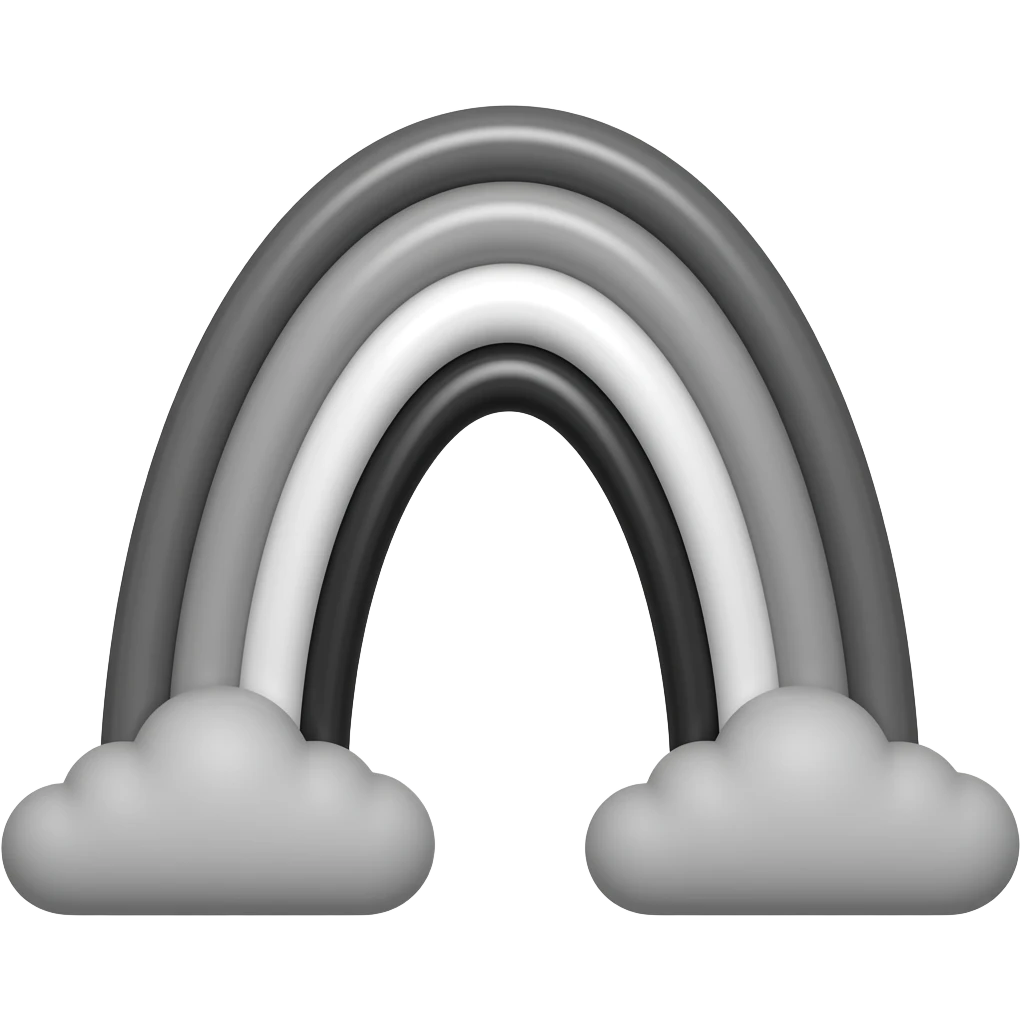 Rainbow emoji but entirely grayscale, with black clouds on both ends of the rainbow emoji