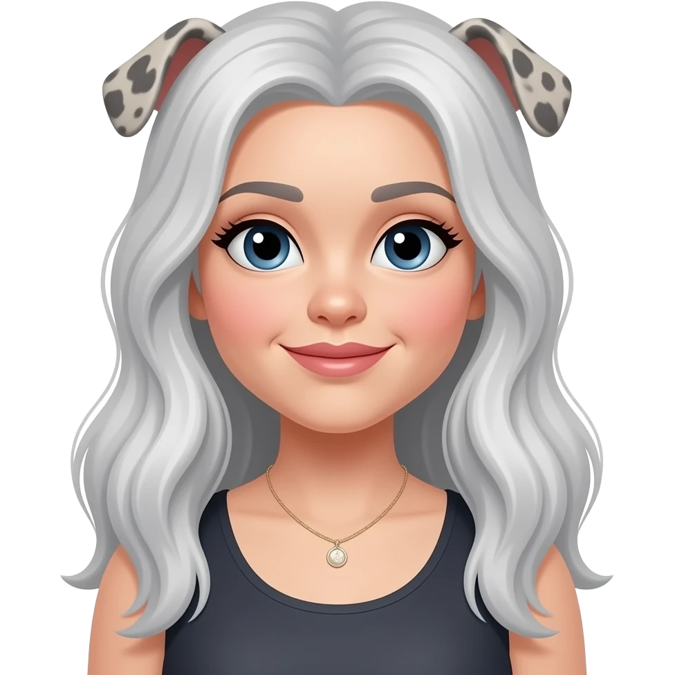 White woman with long white gray hair with plump gray brindle french bulldog emoji
