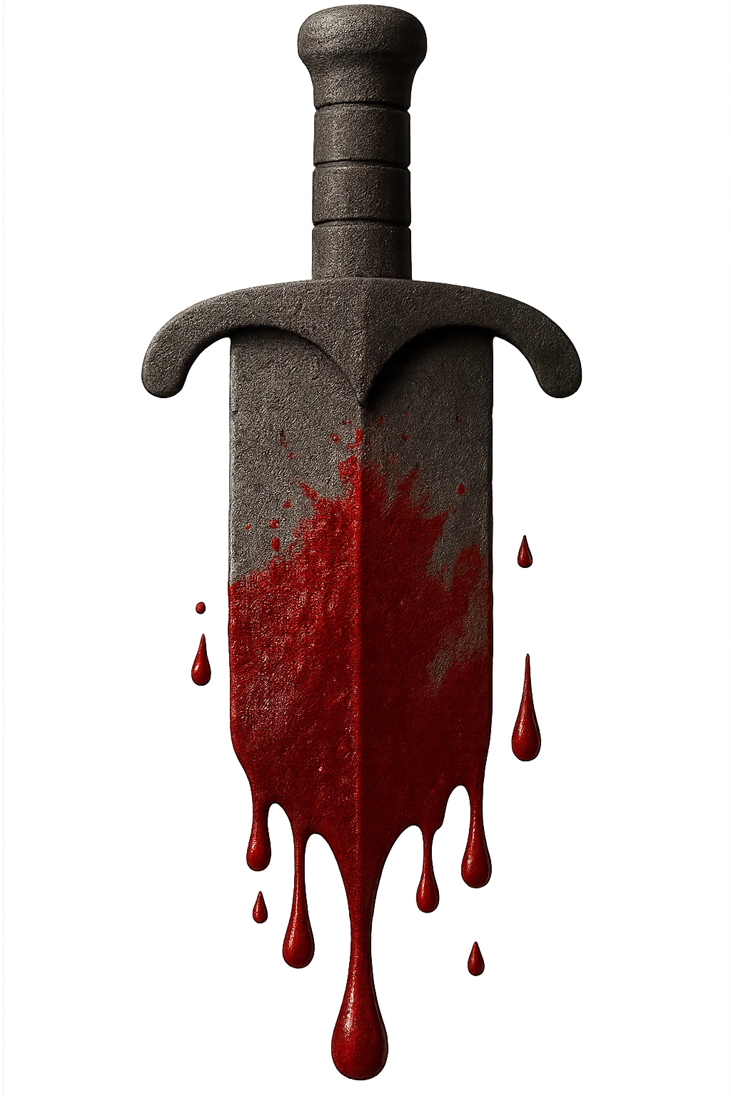 Render the sword exactly as shown in the first reference image, but use the art style and texture of the second reference sword. Keep the sword perfectly vertical with the blade 50% wider. The finish should be steel with a vivid wet blood splatter covering the bottom half of the blade. Include fewer but very large and prominent blood drips. The background should be transparent. emoji