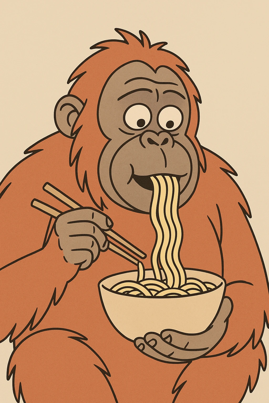 cartoon style orangutan eating a bowl with chopsticks emoji