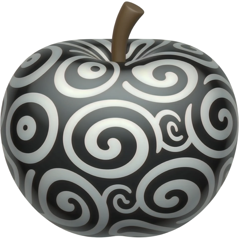 A glossy cartoon emoji fruit, spherical with swirl patterns all over, shiny black and white variants, smooth gradients, soft reflections, thick outline, cute and polished emoji design, centered composition emoji