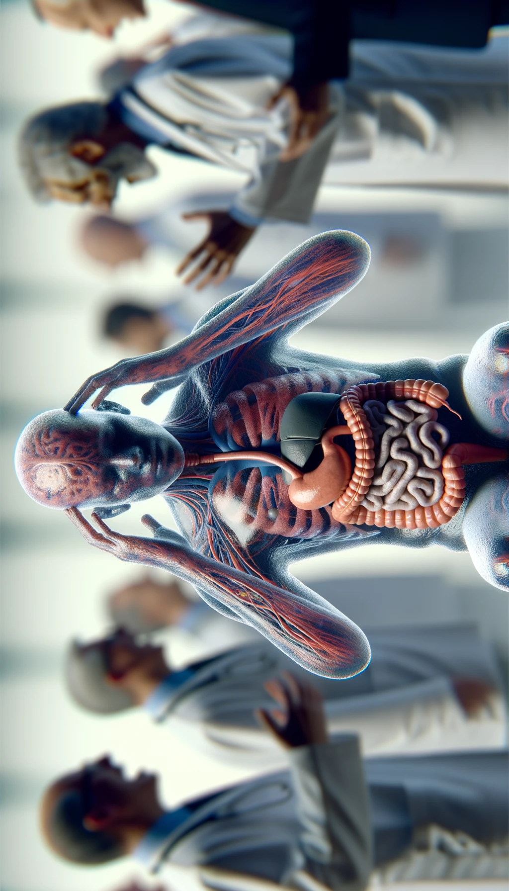CORPO UMANO ANATOMICO SEDUTO a casa sua con intestinoa anatomico visibile CON PERSONE SFOCATE SULLO SFONDO CHE GLI PARLANO contro E LO ASSILLANO, LUI SI TIENE LE MANI SULLA TESTA ED è MOLTO STANCO E STRESSATO: non riesce ad ascoltare tutti quelli che gli stanno parlando, IPERREALISTICO 4K emoji