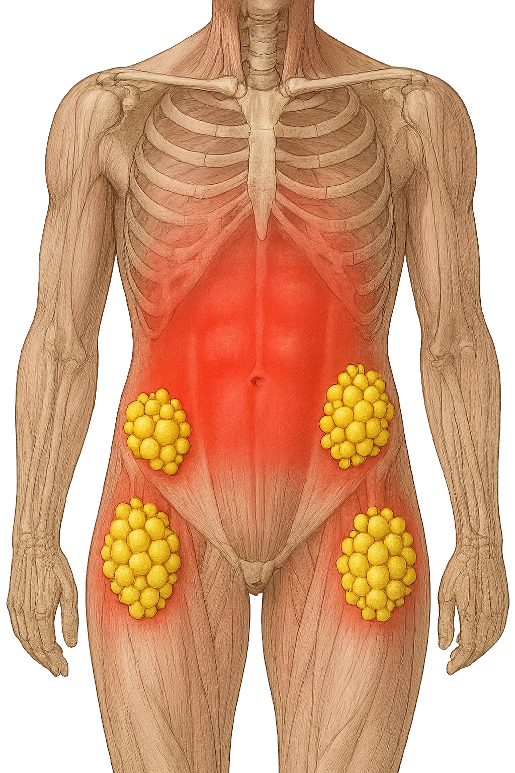 corpo umano anatomico con addome e fianchi segnati in rosso, grappoli di cellule adipose gialle su fianchi e addome emoji