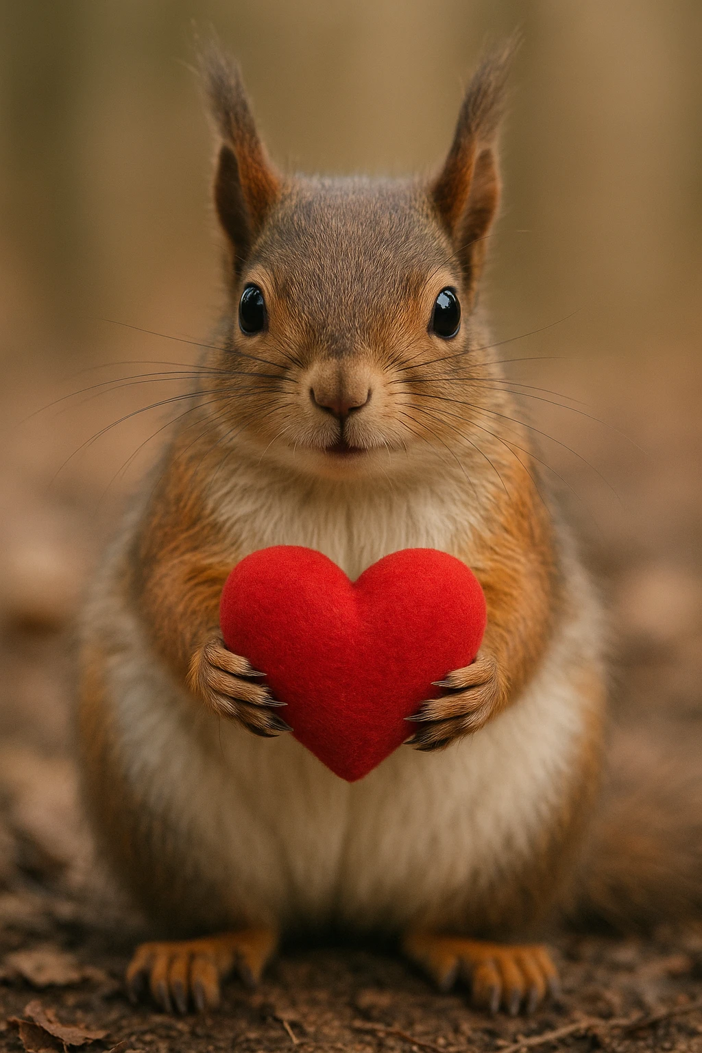 a realistic squirrel holding a red heart, sitting upright emoji