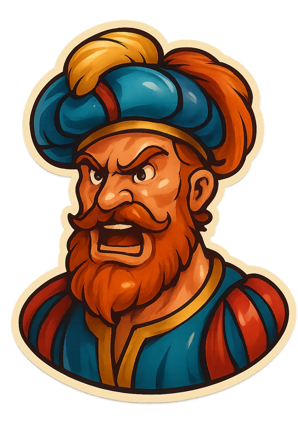 Red-bearded Landsknecht bust showing anger, flat lightning emoji