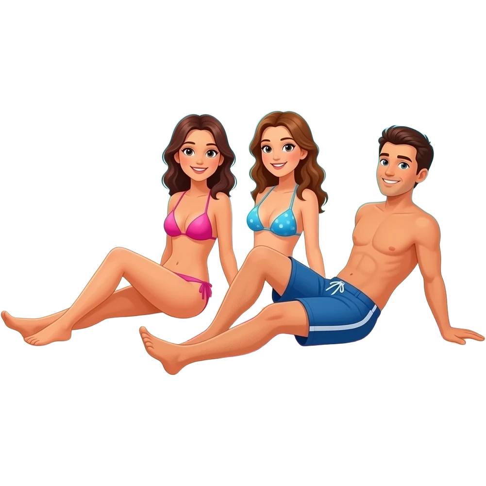 on tropical island Two lesbian  bikini women and 1 man on a deserted island emoji