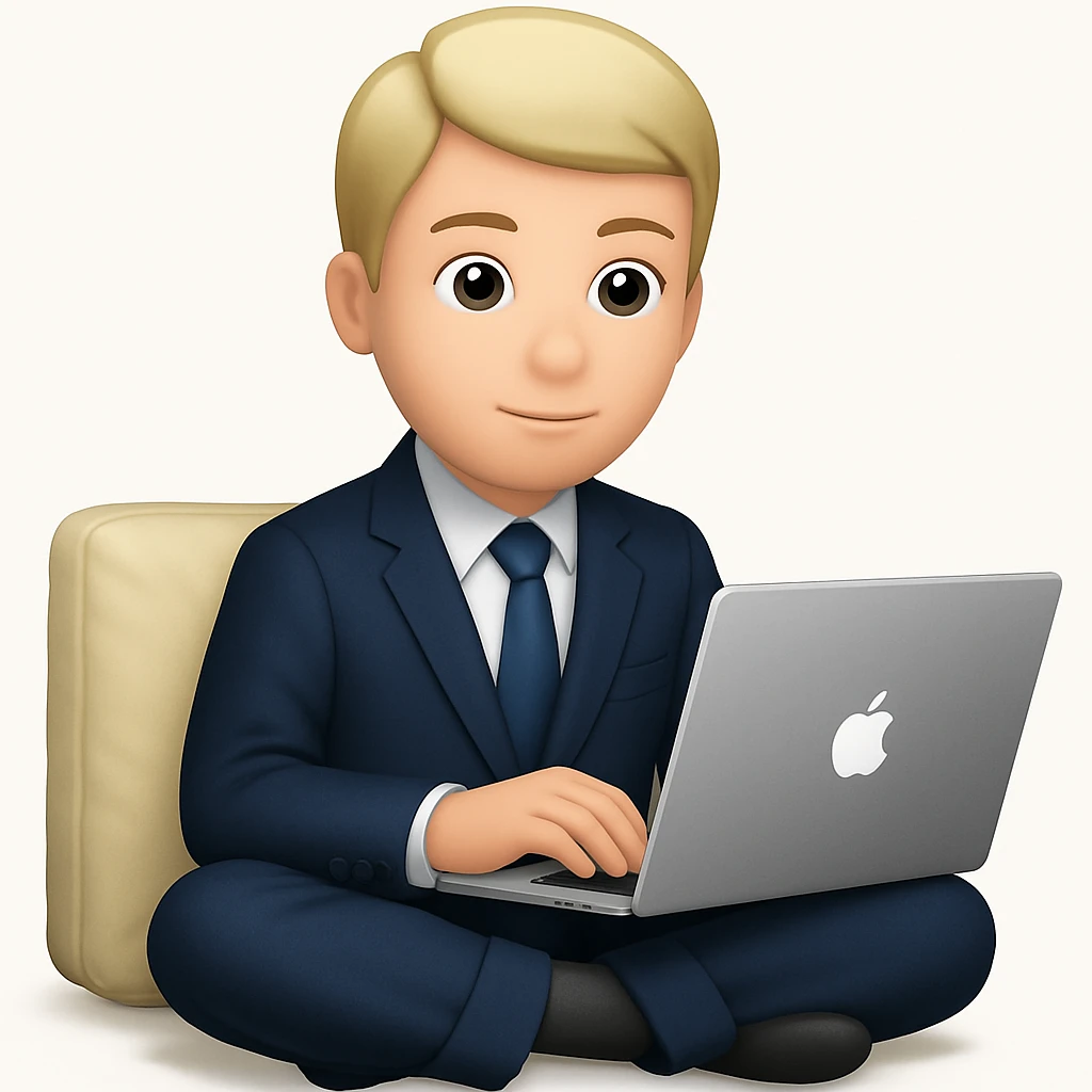 Change the man's pajamas to a business suit, keep him working on a laptop in the same pose, in apple emoji style. emoji