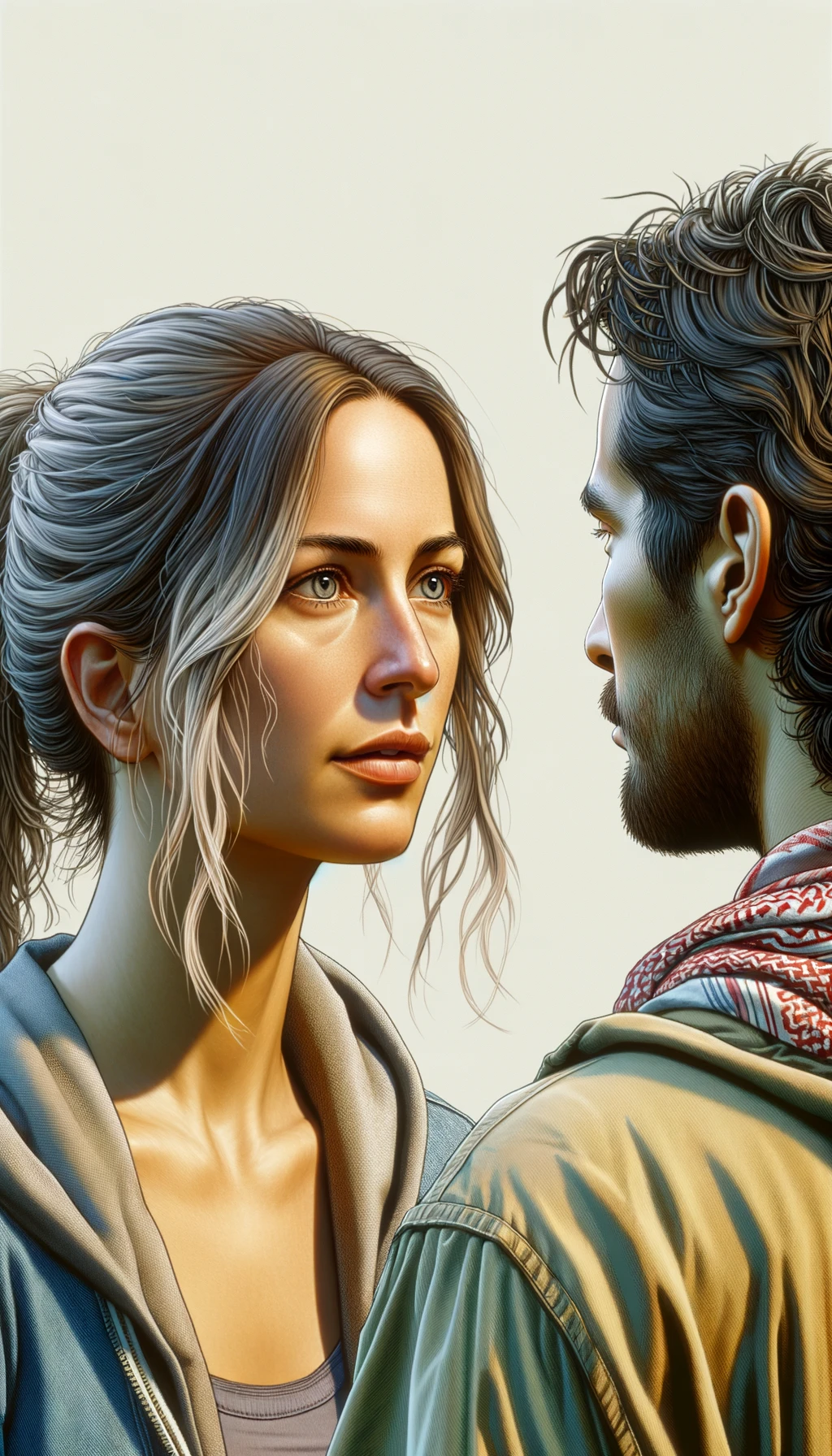 a close-up scene where one person, facing the viewer, is talking with clear emotion, while another person is shown from the back, their head slightly turned as they listen. The background is a clean, light color, enhancing the clarity and realism of the scene. Fine details in facial features, hair texture, and clothing are visible. emoji