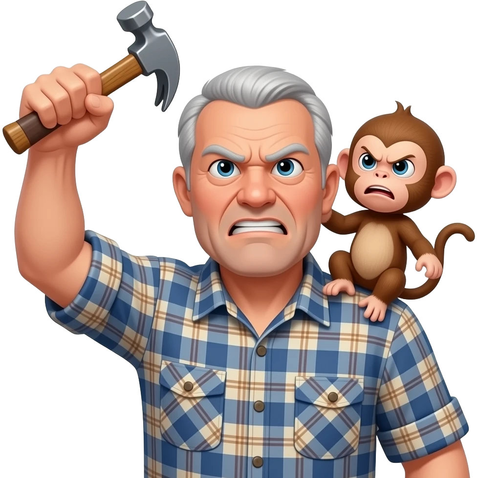 grumpy angry old man wearing a plaid shirt with with thinning grey hair andf no beard or mustache shaking his fist at the sky with a hammer in his left hand and an angry baby monkey on his shoulder emoji