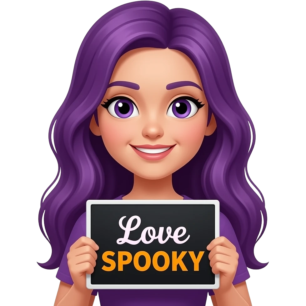 girl with long purple hair with a Love SPOOKY sign emoji