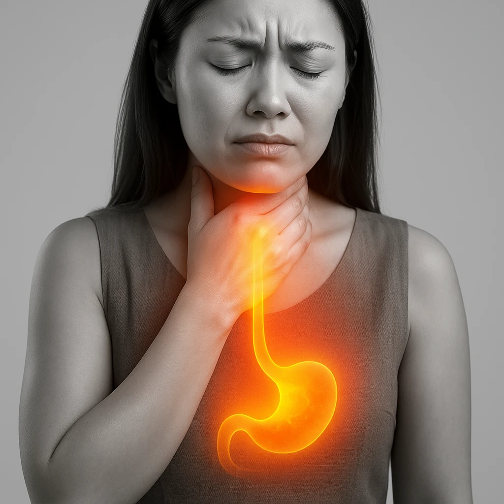 Realistic medical style image of a woman identical to the reference photo, hand on throat, expression of discomfort, with a glowing or shining effect rising from the stomach to the esophagus. emoji
