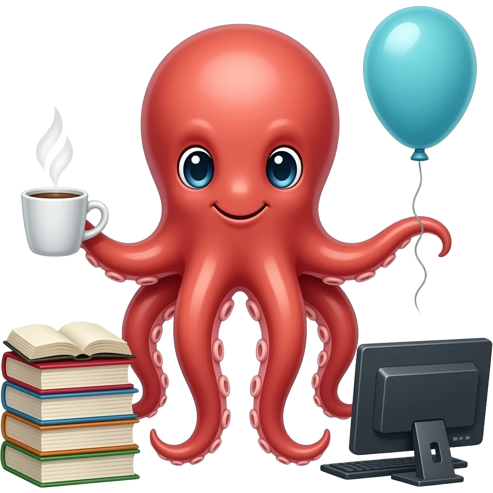 une pieuvre qui est multitache avec la bible, un ordinateur, un ballon, qui bois du café emoji