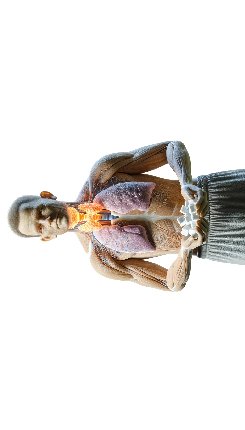 corpo umano anatomico con capelli corti a figura intera fino alle ginocchia, tiroide infiammata in evidenza, tiene in mano una manciata di zollette di zucchero, iperrealistica 4k, isolato su sfondo bianco emoji