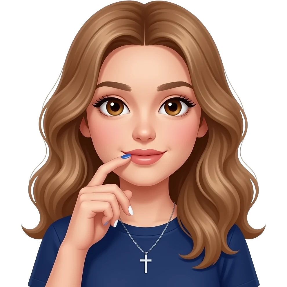 Pretty girl with fair skin, brown eyes, and long lashes She has soft wavy light brown hair and nude glossy lips with a natural look She’s wearing a navy blue cute shirt a cross necklace Her bluenavy and white nails and she’s lightly biting her finger in a flirty pose emoji