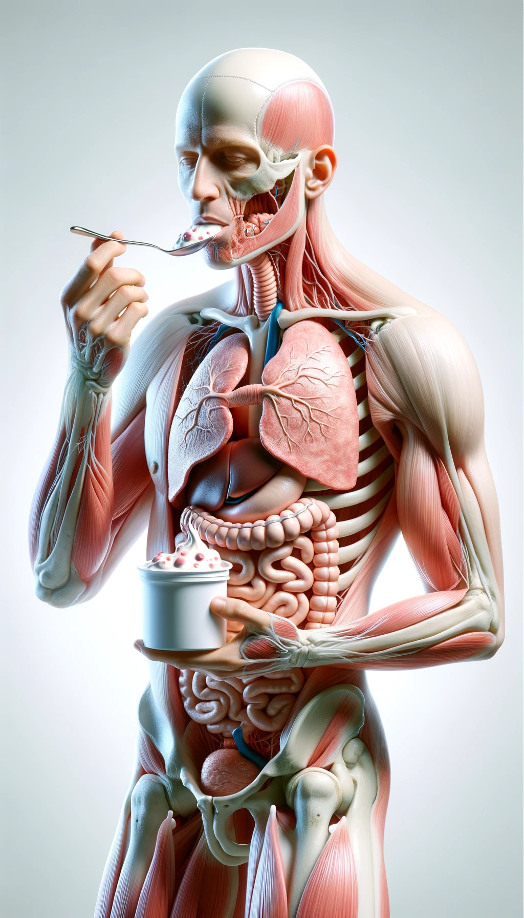 ilustrazione medica di corpo umano anatomico a figura intera con intestino visibile che mangia uno yogurt, iperrealistico 4k, SFONDO CHIARO emoji